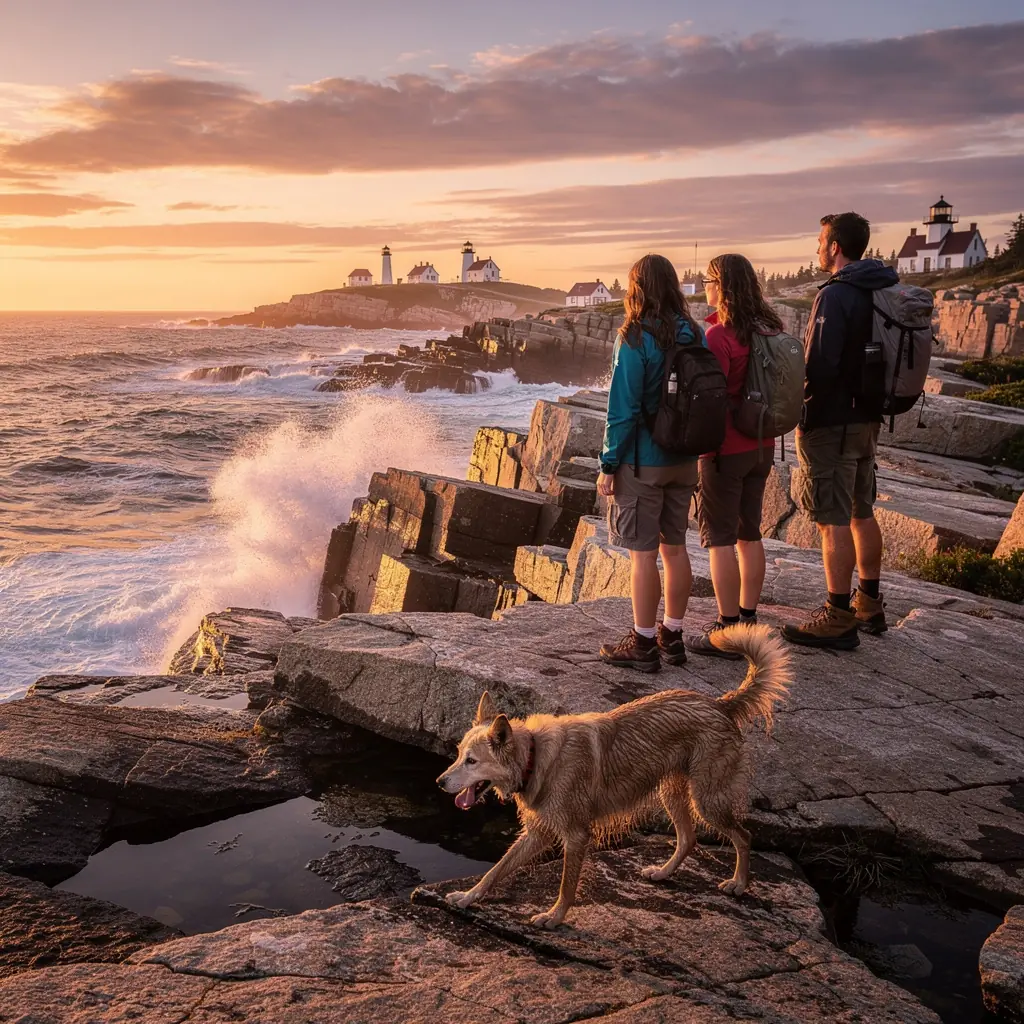 Панорамный вид на побережье парка Акадия с скалами и океаном на фоне.