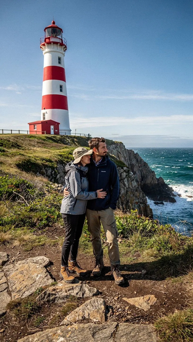 Светильник на фоне заката, освещающий путь для туристов.