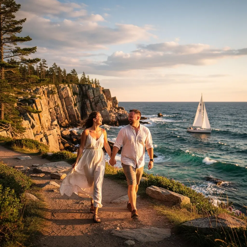 Панорамный вид на береговую линию парка Акадия с маяком на фоне океана.