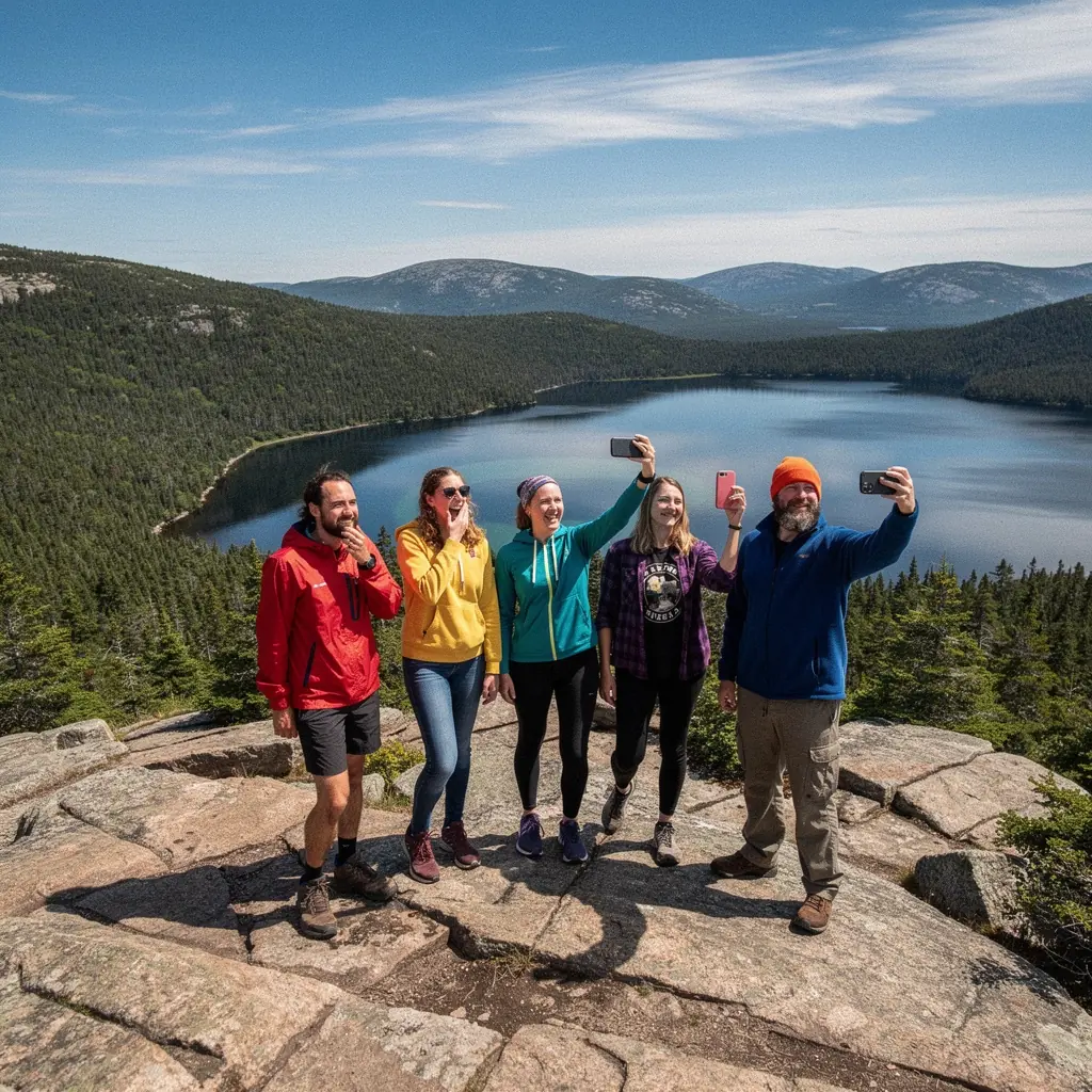 Панорамный вид на береговую линию парка Акадия с высокими утесами и океанскими волнами.